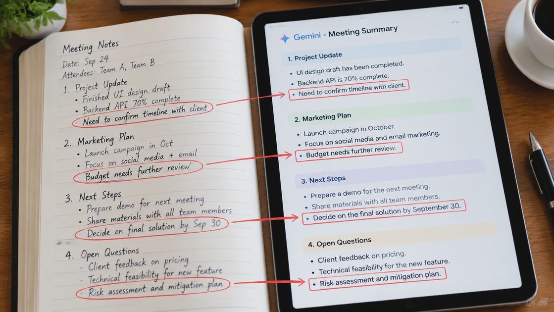 Human-edited meeting notes alongside Gemini compression output
