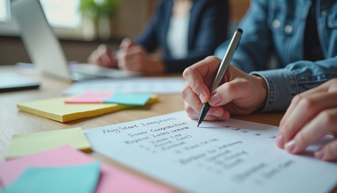 Person cleaning and marking key sections of a meeting transcript