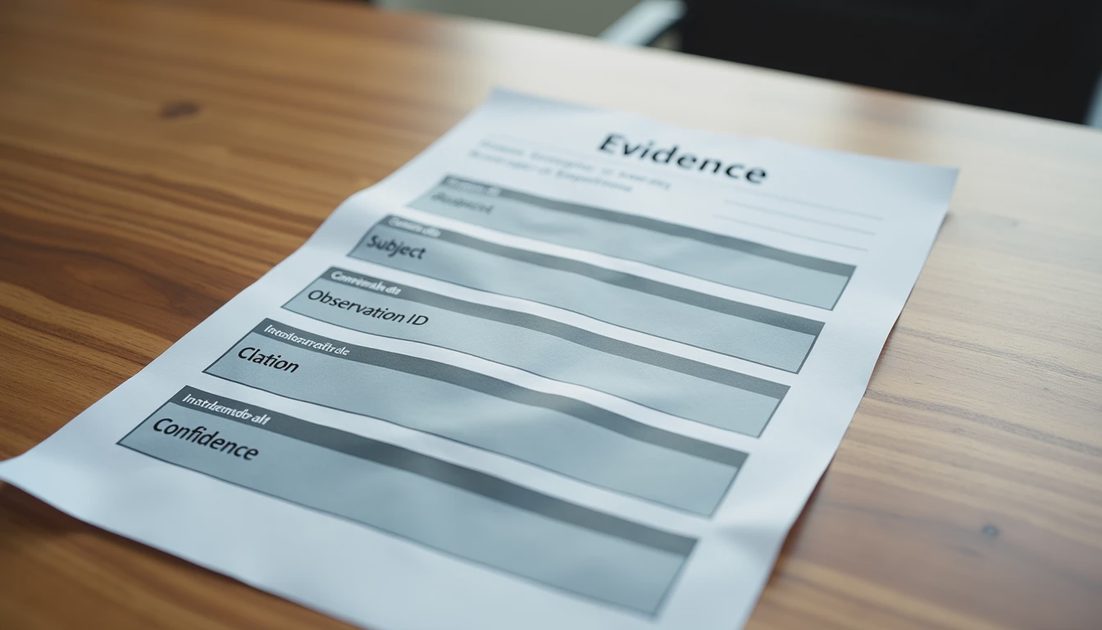 Evidence table linking product themes to interview observation IDs